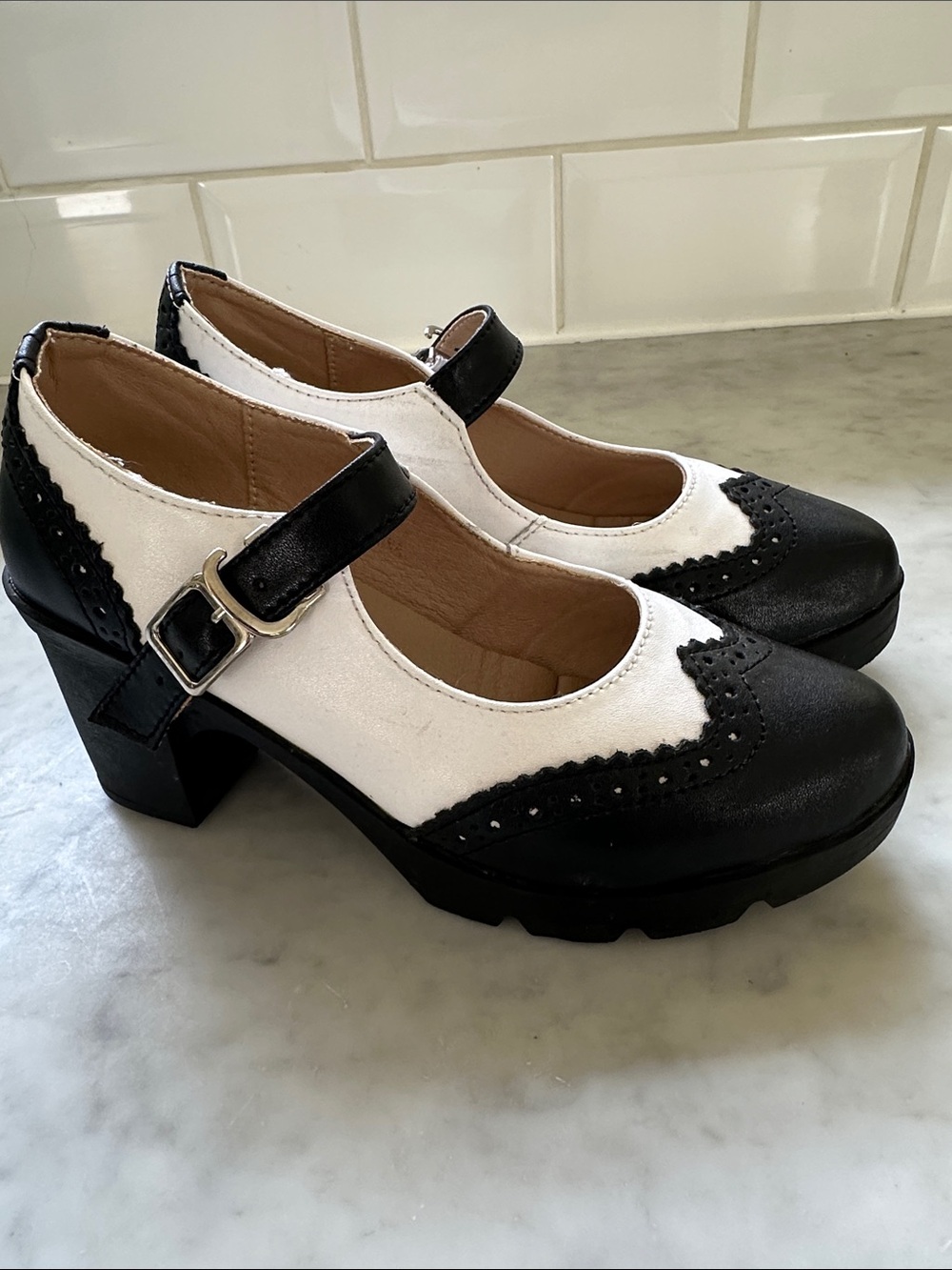 Two-Tone Black & White Mary Jane Block Platform Pumps Size 5.5